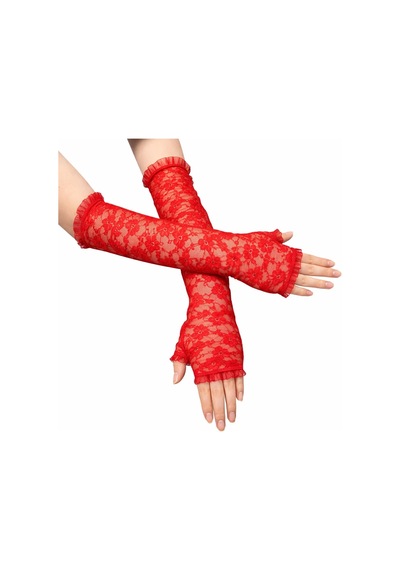 Veraura Lifestyle Uzun Zarif Dantel Eldiven Parmaksız Kırmızı 35 Cm Standart