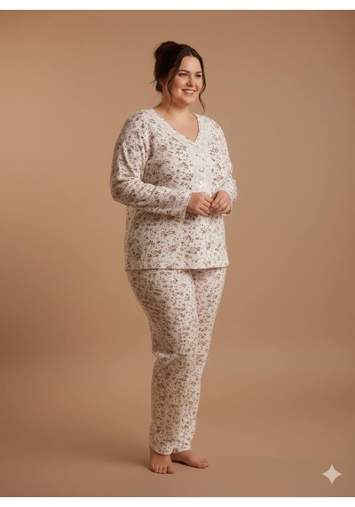 İnspira Büyük Beden Battal Pijama Takımı Desenli Uzun Kol Kışlık Kumaş Pamuklu Ekru