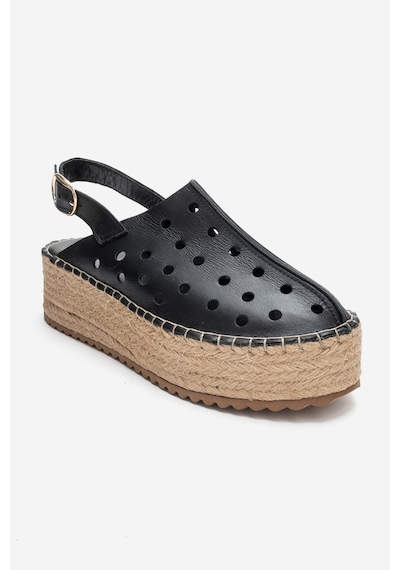 Luvishoes Fraga Siyah Cilt Hakiki Deri Kadın Hasır Dolgu Taban Sandalet Siyah