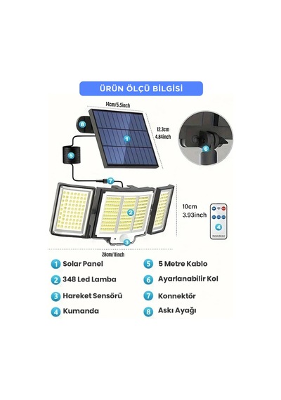 Technosmart Solar Güneş Enerjili 348 Ledli Kumandalı Hareket Sensörlü 3 Modlu Bahçe Aydınlatma Lamba