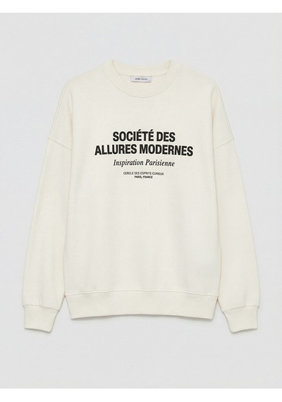 Lcw Vision Ekru Bisiklet Yaka Baskılı Oversize Kadın Sweatshirt