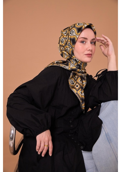 Twill İpek Eşarp 11470-31 Siyah, Yanık Sarı, Gri, Antrasit
