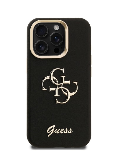 Apple iPhone 15 Pro Max Uyumlu Kılıf Guess  Lisanslı Grained Yazı Logolu Kamera Standlı Kapak Siyah