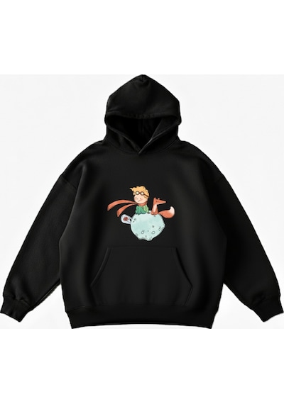 Maki Home Makiteks Siyah Pamuklu Unisex Cepli Kapüşonlu Rahat Kesim Küçük Prens Baskılı Sweatshirt SiYAH
