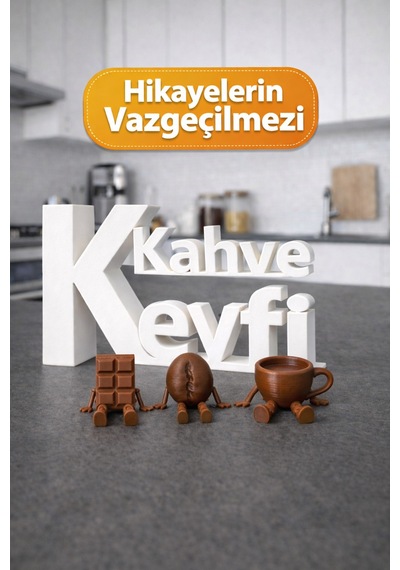 Kahve Keyfi Dekoratif Yazı + Sallanan Ayaklı 3 Lü Figür Seti Kahve Köşesi Mutfak Süs
