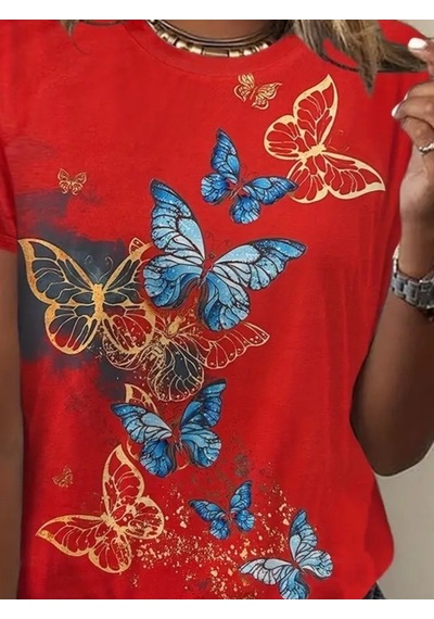 Hazego Kadın Kısa Kollu Mavi Sarı Kelebek Baskı Süprem T-shirt Kırmızı