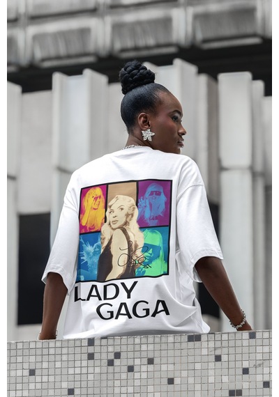 Sevbano Tasarım Lady Gaga Sırt Baskılı Unisex Oversize Şarkıcı Tişört Beyaz