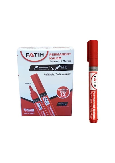Fatih Doldurulabilir Kırmızı Renk Marker Koli Kalemi Kesik Uç 4.5mm 12'li Paket Çok Renkli