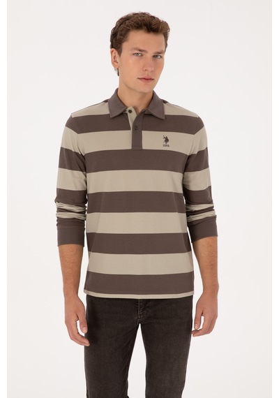 U.S. Polo Assn. Erkek Regular Fit Polo Yaka Çizgili Vizon Sweatshirt 50316467-VR052