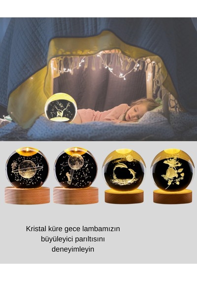 Yunus Figürlü Led Kristal Küre Ahşap Standlı Dekoratif Gece Lambası -