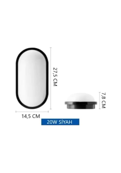 Su Ve Nem Geçirmez 20W Siyah Kasa Beyaz Işık 6500K Oval Banyo Led