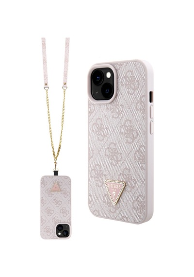 Apple Uyumlu iPhone 15 Kılıf Guess Lisanslı Pu Deri Taşlı Metal Üçgen Logolu Çapraz Vücut Askılı 4g Desenli Pembe