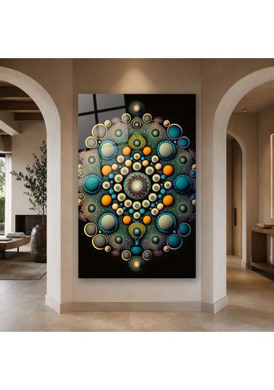 Turkuaz Turuncu Noktalı Mandala Çerçevesiz Cam Tablo