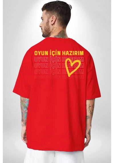 Oyun İçin Hazırım Kalp Kırmızı Oversize Unisex Ön Ve Sırt Baskılı Tişört Kırmızı