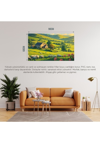 Doğa Ve Manzara Yatay Küçük Çiftlik Evi Yeşil Tepeler, Çiçek Açmış Tarlalar Doğa Ve Huzur 04 Çerçevesiz 90x60cm Pvc Tablo