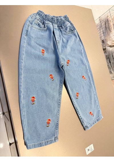Magu Unisex Çocuk Pamuklu Balon Nakışlı Oversize Kot Pantolon Mavi