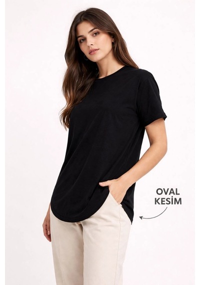 Wear Vexel Kadın Basic T-shirt Kısa Kol Bisiklet Yaka Oval Kesim Tişört - Siyah Siyah