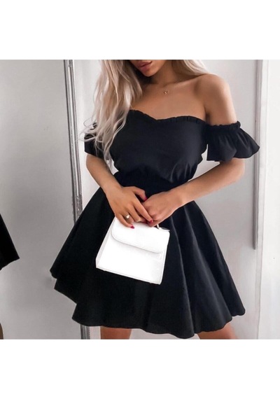 Fashion Cocktail Doğal Keten Kumaşlı Puf Kol Kabarık Straples Elbise Siyah