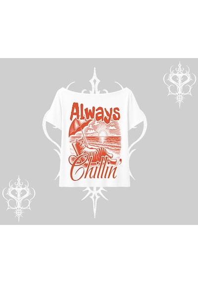 Tarzsokak Always Chillin Kedi Arka Baskılı Kayık Yaka Tshirt Beyaz