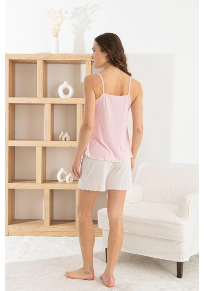 Pijamoni Kadın Modal Kumaş İp Askılı Şortlu Pudra Pijama Takımı