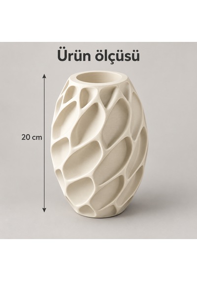 Yaprak Desenli Dekoratif Vazo 20 Cm Kuru Ve Yapay Çiçek Vazosu Krem