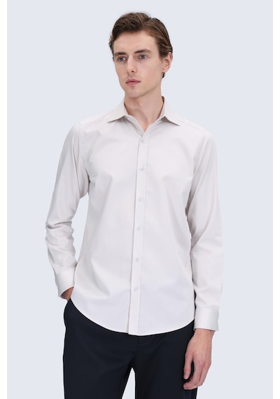 Hatemoğlu Ekru Slim Fit Açık İtalyan Yaka 100% Pamuk Uzun Kollu Spor Gömlek