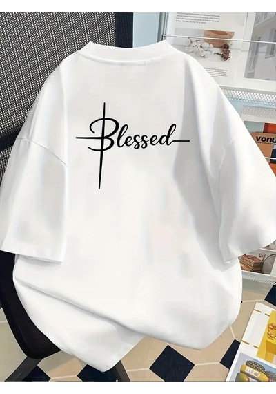 Uyguntarz Unisex Blessed Baskılı Tasarım Tshirt Beyaz
