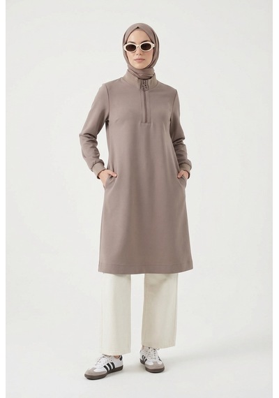 Armine Fermuar Detaylı Basic Tunik Vizon