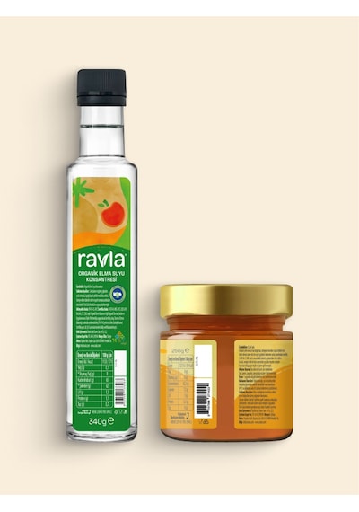 2'li Ürün - Ravla Organik Elma Suyu Konsantresi 340g / Çiçek Balı 250g