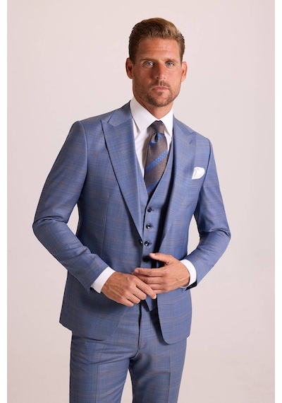 Erkek Mavi Slim Fit Sivri Yaka Yelekli Yün Takım Elbise