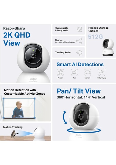 Tp-lınk Tapo Tc72 C220 , 2k Qhd 4,0mpix, İç Mekan Wifi, 9mt. Gece Görüşü, 360 Dönüş, İki Yönlü Ses Güvenlik Yapay Zeka Destekli Kamera