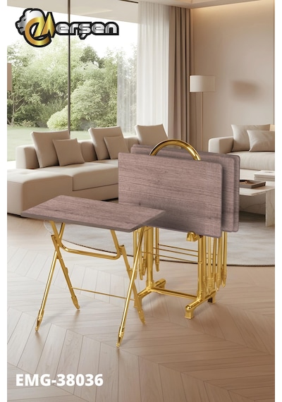 Eranş Serisi 4'lü Katlanır Mdf Mebran Ahşap Çanta Zigon Sehpa Gold Ayak Koyu Barok Desen Gold Ayak