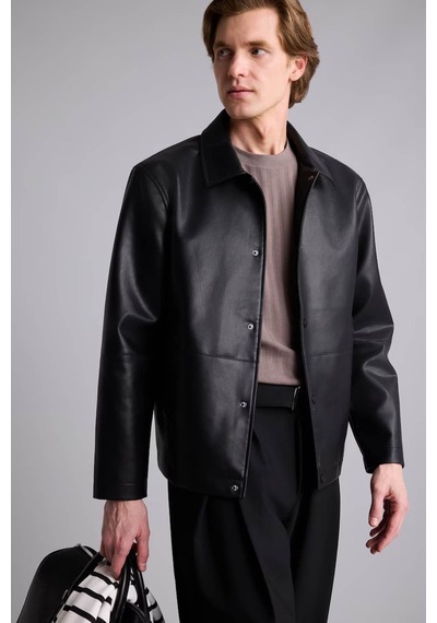 Defacto Regular Fit Çıtçıtlı Siyah Erkek Deri Mont H2233ax/bk27