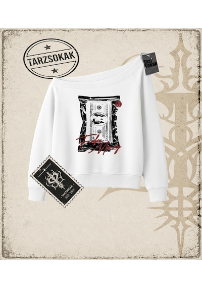 Tarzsokak Gotik & Grunge Streetwear Fake Flex Kayık Yaka Sweatshirt Beyaz