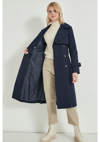 Pastelastore %100 Pamuk Gabardin Uzun 110cm Astarlı Kemerli Kadın Trençkot 1111 Lacivert