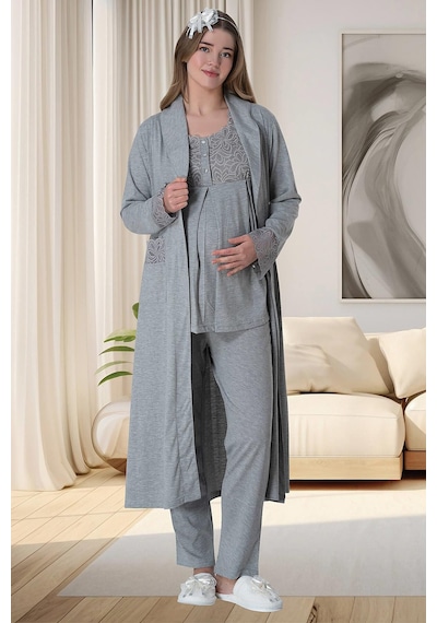 Mecit Pijama Mecit 6003 Gri Sabahlıklı Lohusa Pijama Takımı