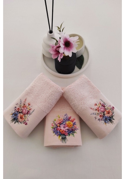 3'lü Mutfak Havlu Takımı - Somon Bambu El Havlusu Seti - Ekstra Yumuşak - 30x50 Cm - Çiçek Bahçesi Somon Pembe