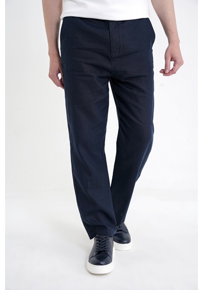 Oversize Kalıp Yan Cep Beli Lastikli Lacivert Keten Pantolon P 1216