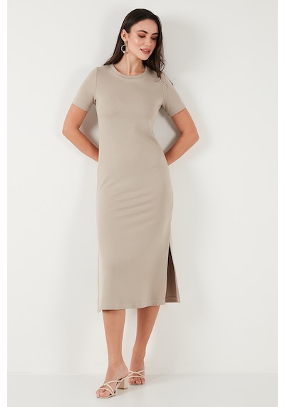 Lela Regular Fit Bisiklet Yaka Yırtmaç Detaylı Midi Bayan Elbise 5866165 Taş