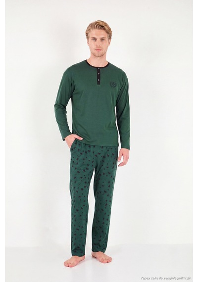 Buratti Desenli Pamuklu Düğmeli Bisiklet Yaka Pijama Takımı Erkek Pijama Takımı 6575002 Yeşil