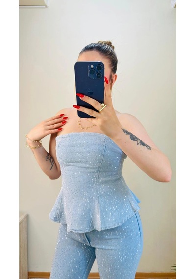 Elora Atelier Taşlı Peplum Straplez Denim İkili Takım Çok Renkli