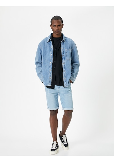 Koton Yırtık Kot Şort Slim Fit Katlama Detaylı Düğmeli Cepli Açık İndigo 4sam40101nd Açık İndigo