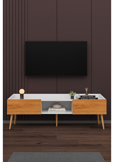 Asra Trend Tv Ünitesi Tv Sehpası T-28 %100 MDF Ayaklı Modern Medya Ünitesi Beyaz - Petra