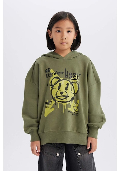 DeFacto Kız Çocuk Oversize Geniş Kalıp Kapüşonlu Baskılı Sweatshirt D1567A824WNKH210 Haki
