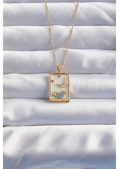 Ezoconcept 316l Çelik Zincir Gold Renk Ay Detay Mavi Zirkon Taşlı Tarot Kolye 001