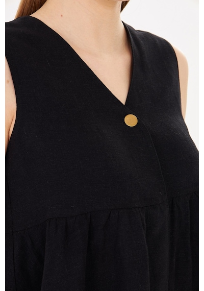 Sortie Collection V Yaka Tek Düğmeli Peplum Siyah Keten Bluz