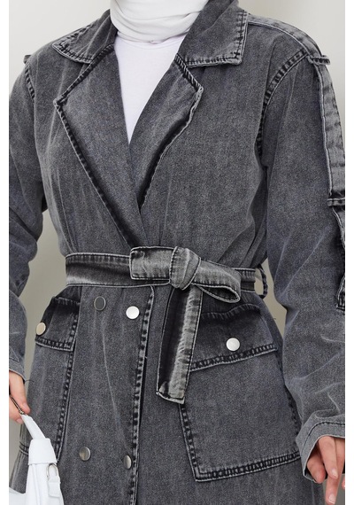 Hb Harma Time Butik Kadın Cepli Kuşaklı Denim Koyu Gri Trençkot Gri Gri