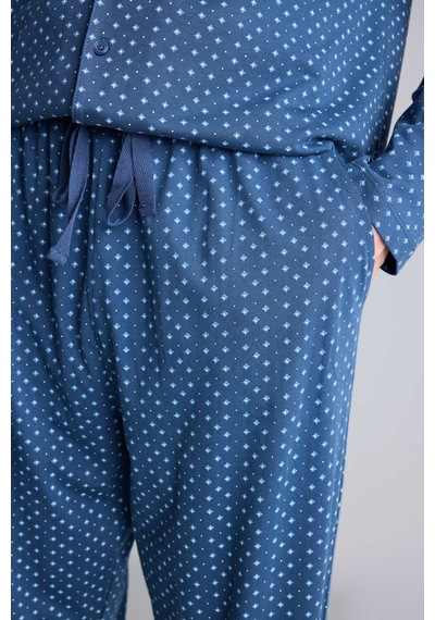 Defacto Regular Fit Mikro Desenli Uzun Kollu 2li Pijama Takımı I2466ax26aunv164 Lacivert-nv164