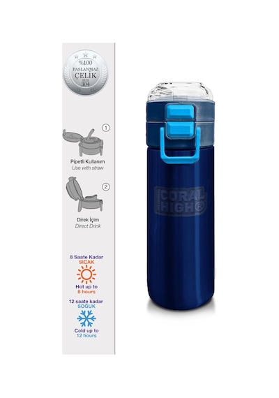 Coral High Kids Lacivert Mavi Pipetli Ve Direkt İçim Çelik Termos 500 Ml 31828 Lacivert