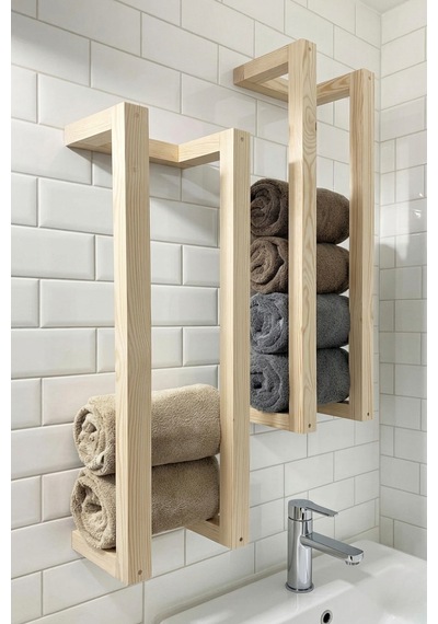 Nest Woodtr Doğal Masif Ham Ahşap Havluluk Dekoratif Banyo Rafı - Banyo Havlu Düzenleyici 60x20cm 1 Adet